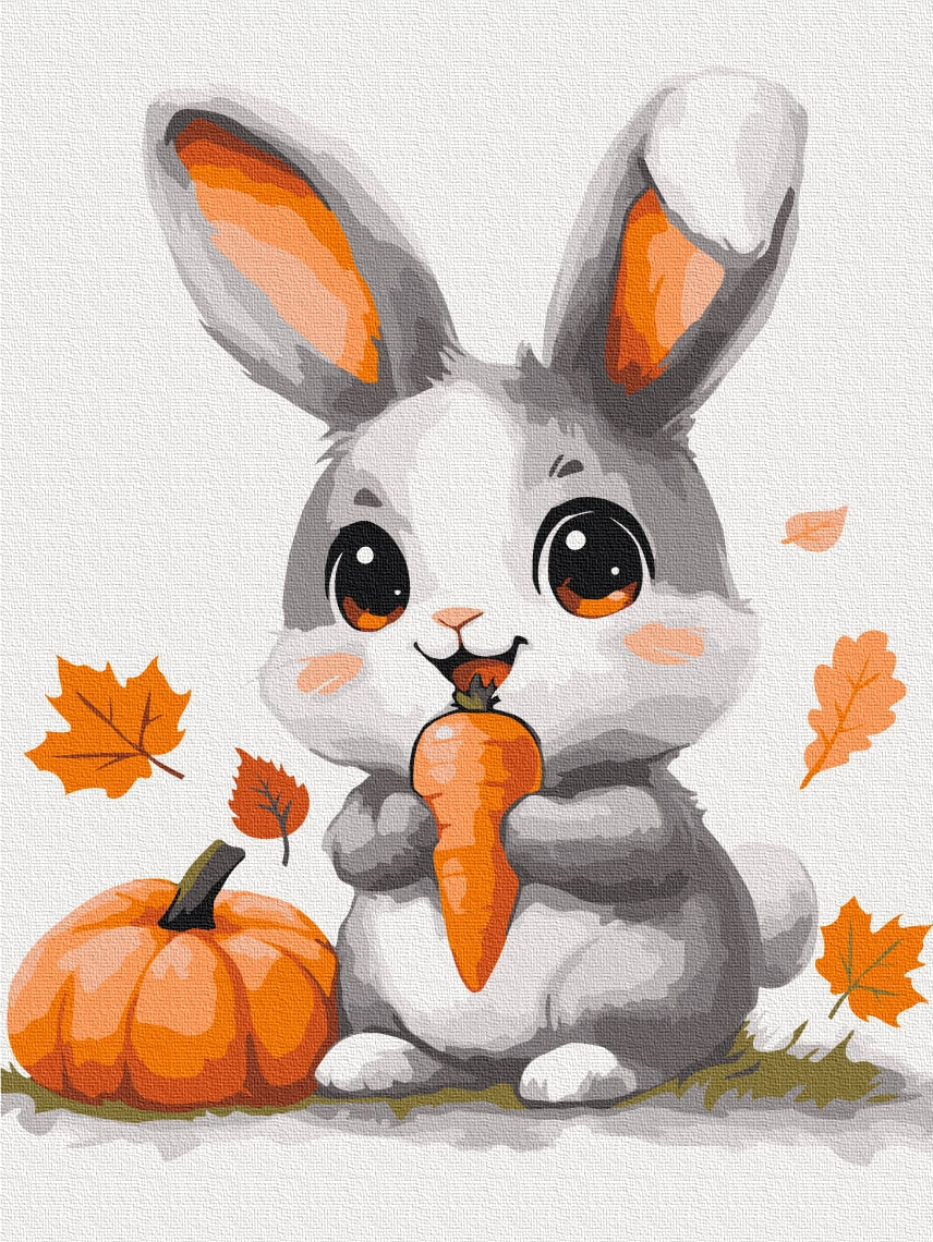 Gray bunny hugging a carrot beside a pumpkin and autumn leaves, paint-by-numbers illustration