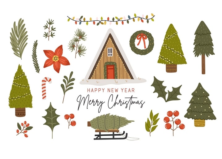 Flat-lay of a snowy A-frame cabin, pine branches, poinsettia, and little Christmas trees