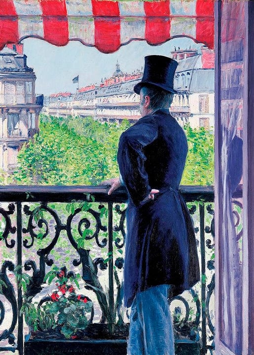 Man in a top hat seen from behind on a Paris balcony under a red-and-white striped awning, 1880, oil painting by Gustave Caillebotte