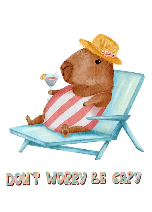 Illustrated postcard of a capybara in a straw hat sipping a cocktail in a beach chair