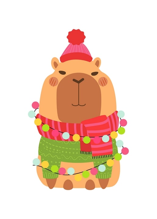 Illustrated capybara wearing a pink hat, red scarf, and green sweater, wrapped in string lights