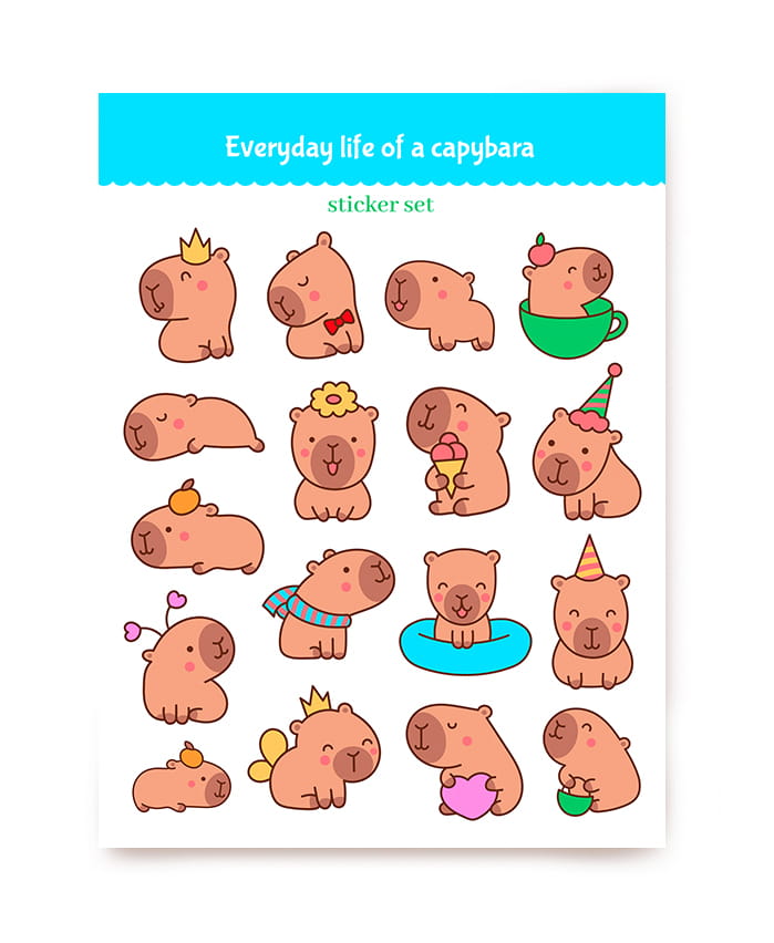 Stickerbogen mit 18 Kawaii-Capybaras mit Krone, Schal und Schwimmring