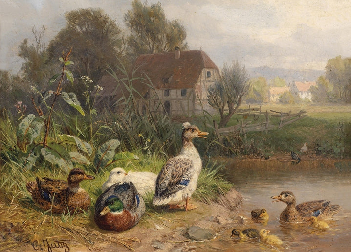 Gemälde von Carl Jutz: Enten mit Küken vor einem Fachwerkhaus am Dorfteich