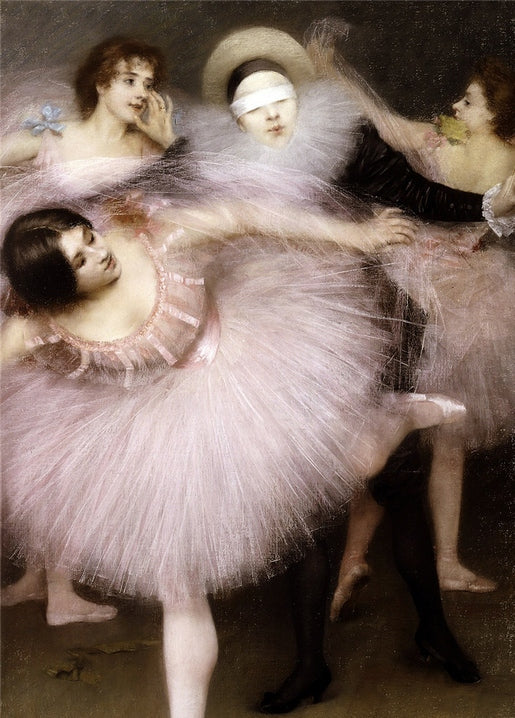 Pastellgemälde von Pierre Carrier-Belleuse: Pierrot mit verbundenen Augen greift nach Ballerinen