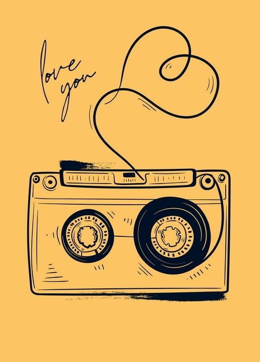 Line-drawing illustration of a cassette tape with its ribbon forming a heart above the words love you