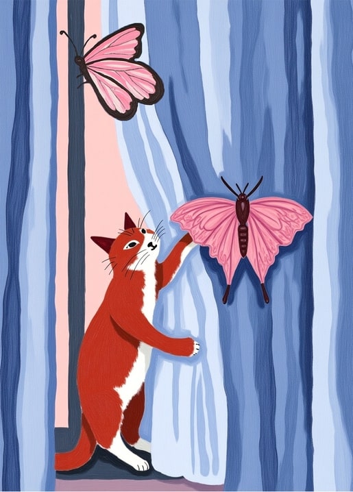Red-and-white cat reaching up to bat two pink butterflies on a blue curtain