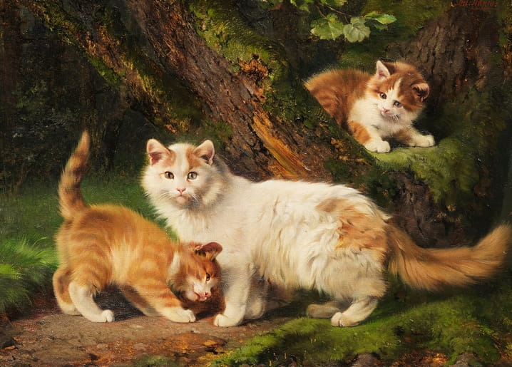 Mother cat and two kittens playing among mossy tree roots, painting by Julius Adam the Younger