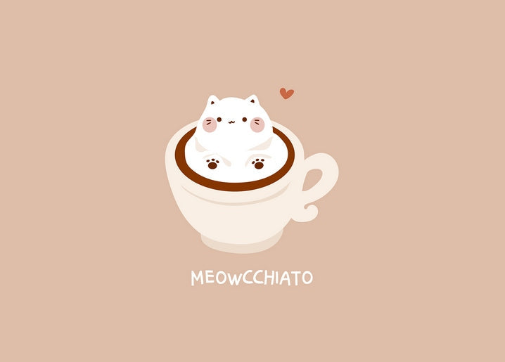 Kawaii cat sitting inside a coffee cup like latte foam, with a small heart above