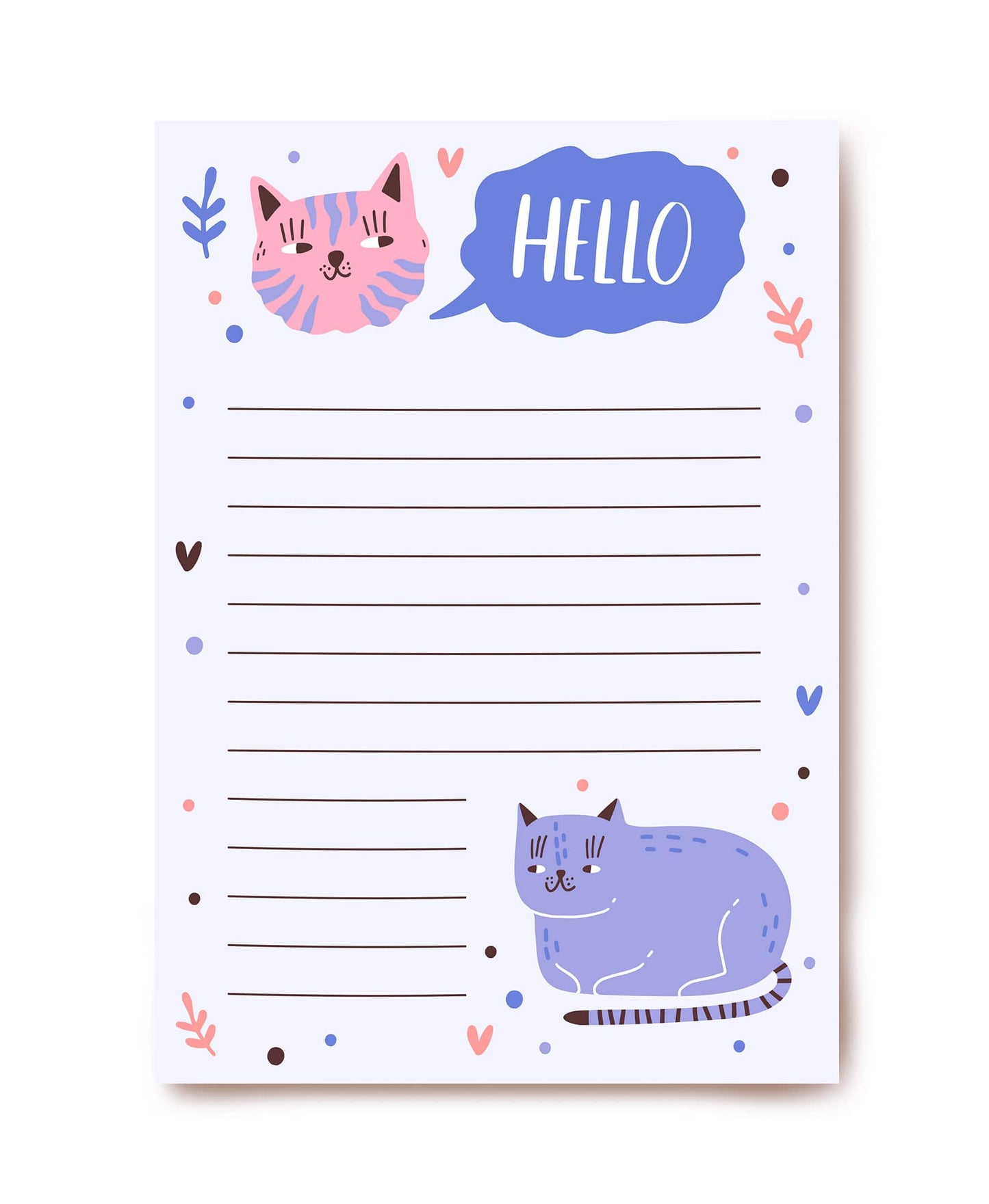 Lilac writing paper with two cartoon cats and a speech bubble that says Hello