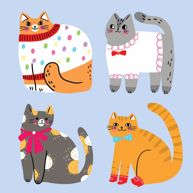 Four illustrated cats wearing a sweater, pearl bow tie, floral scarf and striped socks