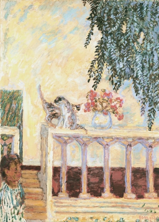 Pierre Bonnard painting of two cats on a sunlit stone balustrade with red flowers and a watching child