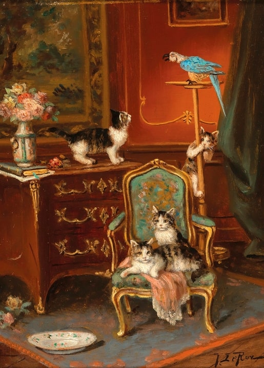 Cats and a kitten playing near a blue-and-gold macaw in a Victorian parlour, painting by Jules Le Roy