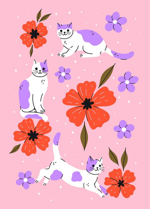 Illustration fliederfarbener Katzen zwischen roten Mohnblumen auf rosa Grund