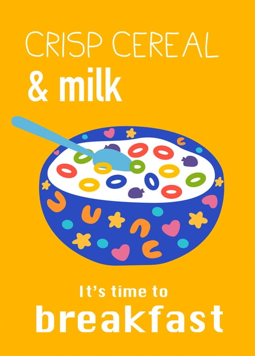 Illustrated postcard of a bowl of colorful cereal with milk and a blue spoon on yellow background