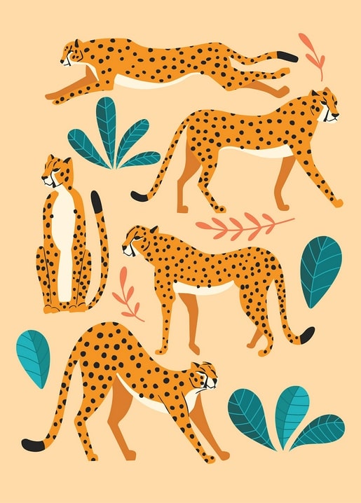 Pattern illustration of five cheetahs in running and sitting poses among teal leaves