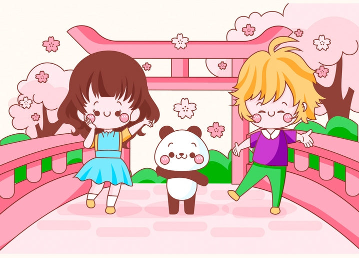 Girl, boy and panda meeting on a pink bridge under a cherry blossom torii gate