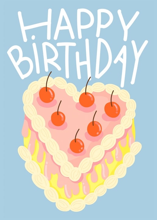 Торт у формі серця з вишнями та написом Happy Birthday на блакитному тлі