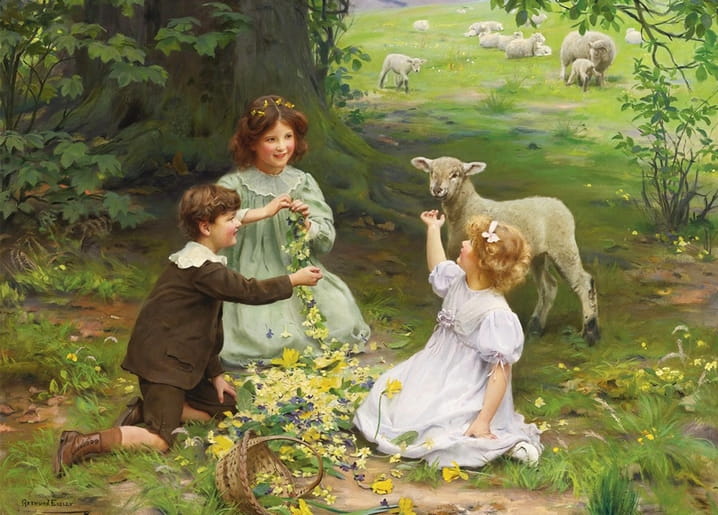 Children weaving a garland of primroses and violets as a lamb approaches in a spring wood