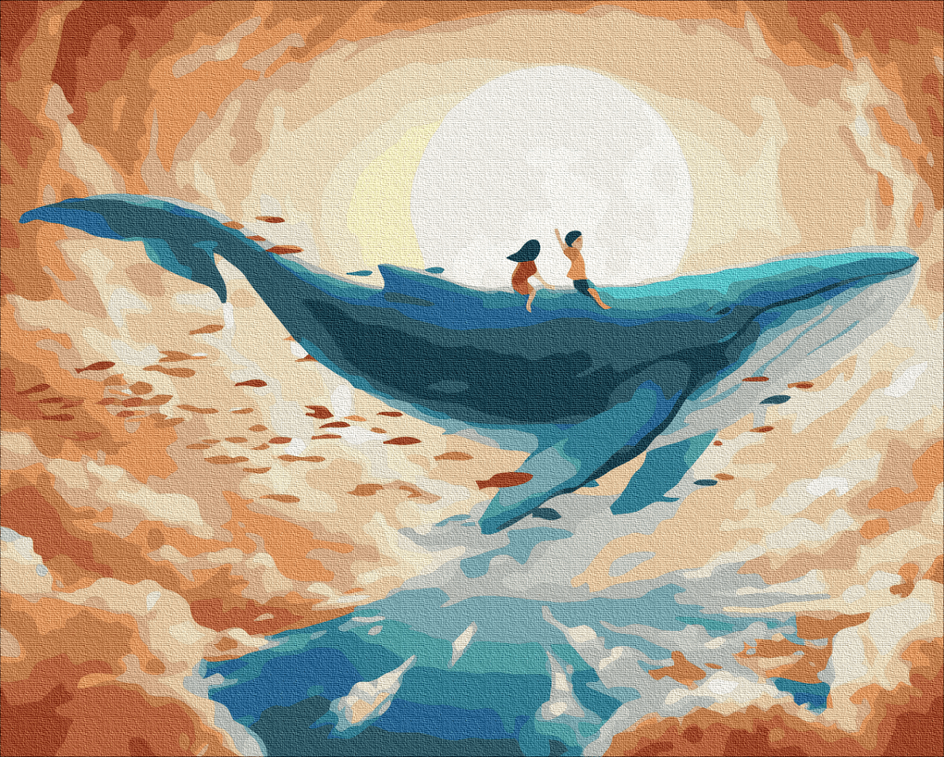 Two children riding a giant blue whale flying through clouds beneath a glowing moon