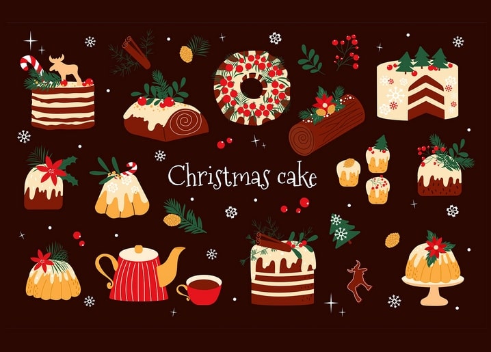 Christmas dessert illustration with bundt cake, Yule log, muffins and a striped teapot