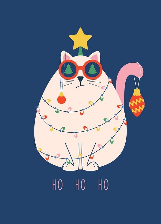 Illustrierte weiße Katze mit Baum-Reflexion in der Sonnenbrille, Lichterkette und goldenem Stern auf dem Kopf