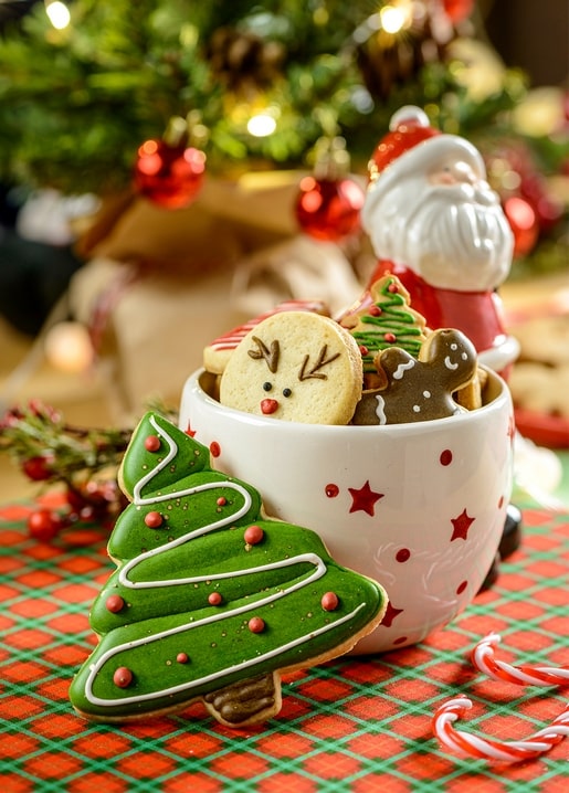 Star-patterned mug filled with Christmas cookies beside a Santa figurine on plaid fabric