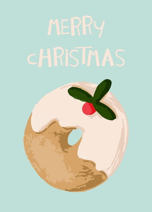 Glasierter Donut mit Stechpalmenzweig und Schriftzug Merry Christmas auf mintgrünem Hintergrund