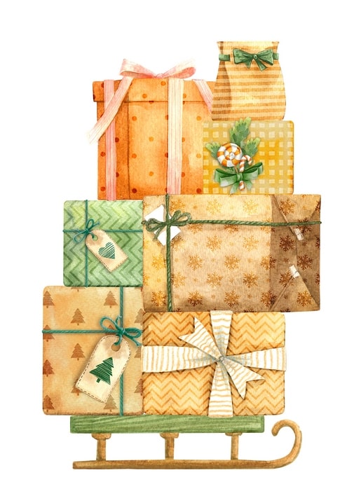 Aquarellierter Stapel verpackter Weihnachtsgeschenke mit Schleifen auf einem grünen Schlitten