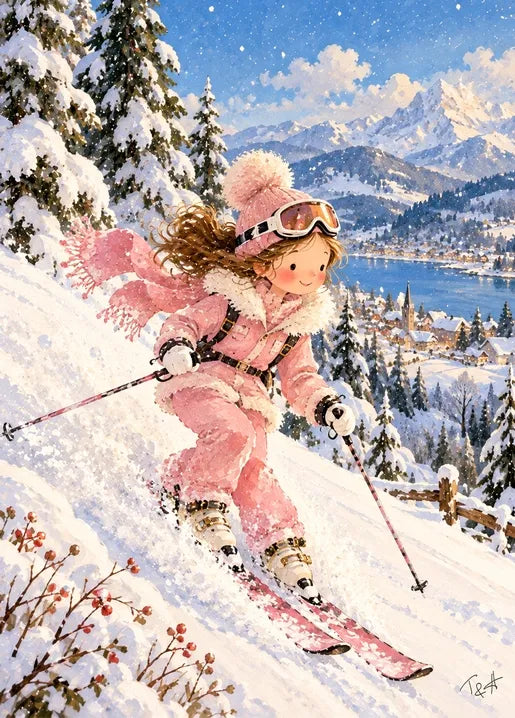 Winter postcard from Winter. Dreams of Happiness by T&A featuring a young skier in a pink outfit descending a snowy alpine slope above a blue lake, with evergreen forests and mountain peaks in the background.