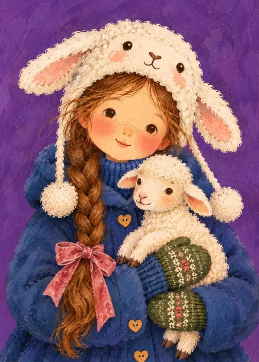 Winter postcard a rosy-cheeked girl in a fluffy bunny hat cuddling a little lamb, dressed in a blue sweater and green patterned mittens