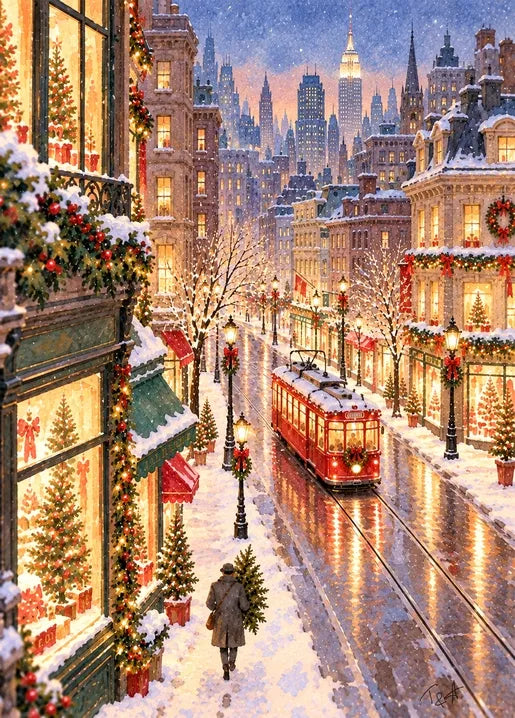 Winter postcard from Winter. Dreams of Happiness by T&A featuring a red Christmas tram travelling along a snowy European avenue lined with festive shop windows, garlands and glowing street lamps.