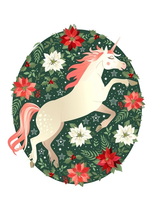Springendes Einhorn in einem Kranz aus Weihnachtsstern, Stechpalme und Sternen auf Grün