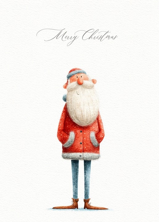 Illustrierter Weihnachtsmann im roten Mantel mit Merry-Christmas-Schriftzug