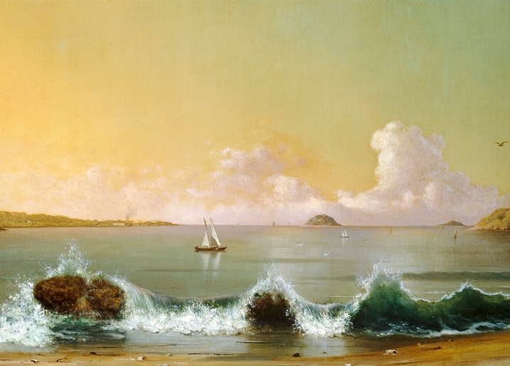 Gemälde von Martin Johnson Heade: Küstenszene mit Wellen, Schoner und goldenem Himmel