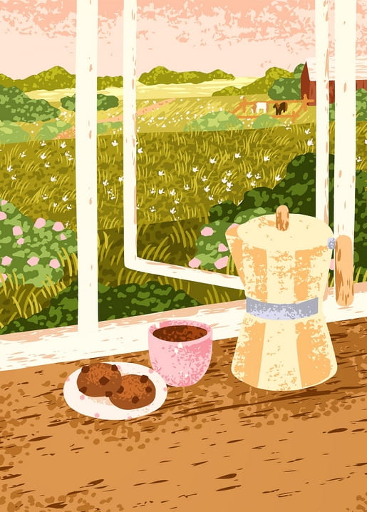 Kaffeekanne, Kekse und rosa Tasse Kaffee auf einem Fensterbrett mit Blick auf eine blühende Wiese