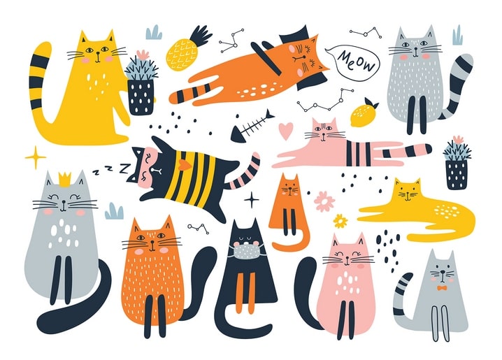 Colorful cartoon cats with a crown, bee costume, pineapple, lemon and "Meow" speech bubble