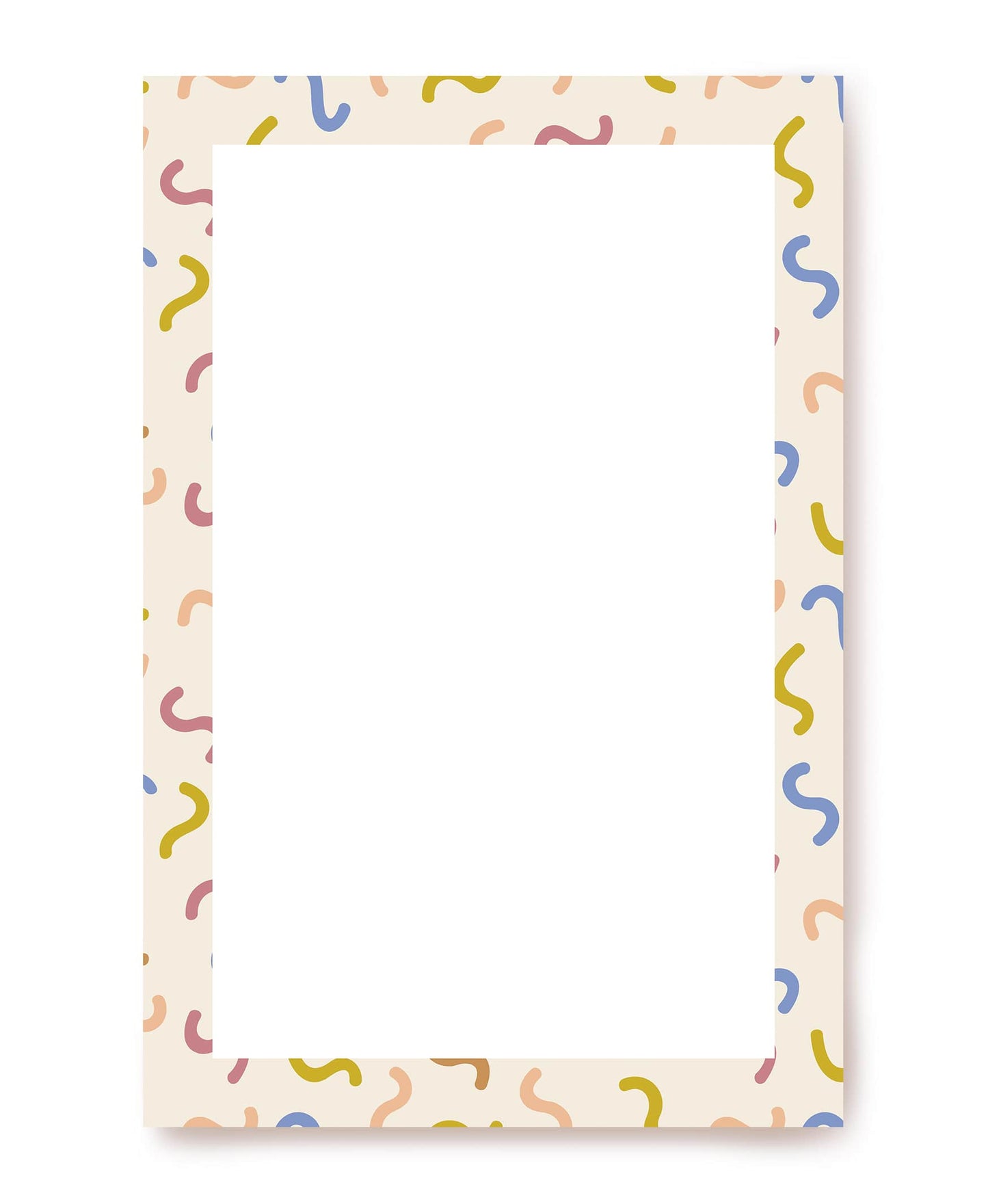 Cream writing paper with colorful confetti-like squiggles