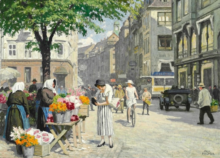 Gemälde von Paul Gustave Fischer: Blumenmarkt auf einem Kopenhagener Platz