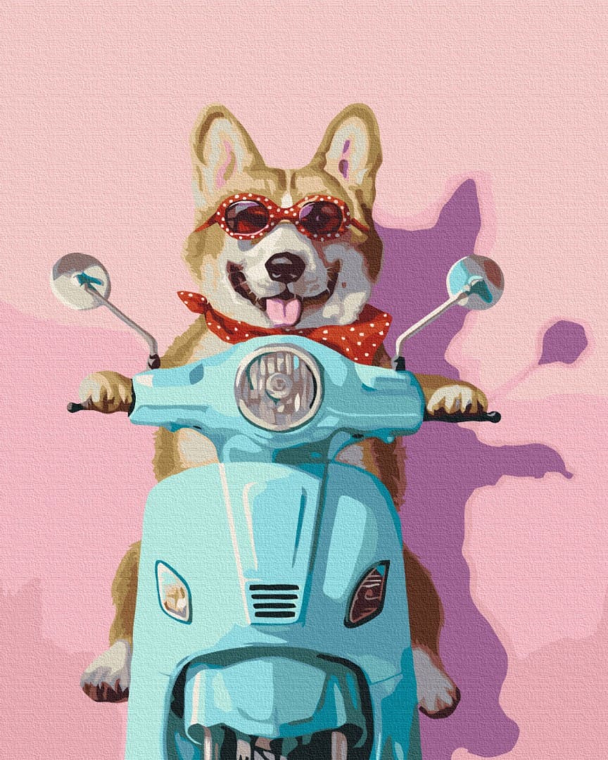 Malen-nach-Zahlen-Motiv: Corgi mit roter Punkte-Sonnenbrille auf blauem Roller