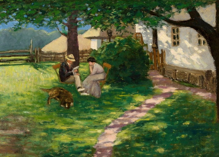 Painting of a couple reading under a tree in a garden, with a dog resting nearby