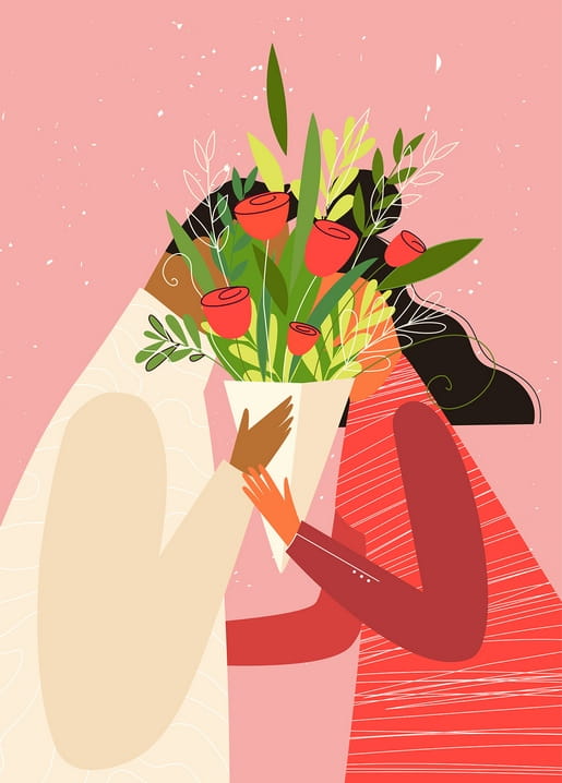 Illustration eines umarmenden Paars mit einem Strauß roter Tulpen vor rosa Hintergrund