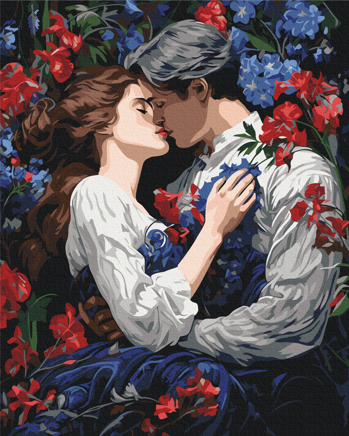 Illustriertes Paar küsst sich zwischen roten und blauen Blüten, Malen-nach-Zahlen-Motiv