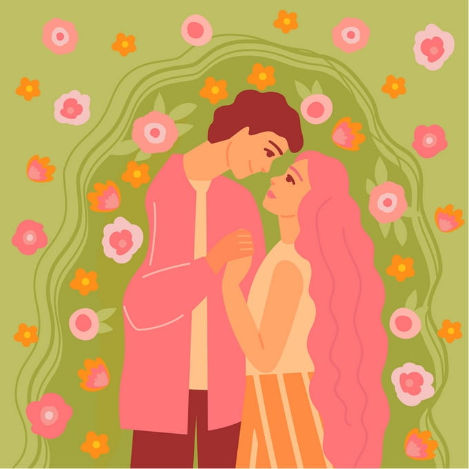 Paar steht eng beieinander in einem Kranz aus rosa und orangen Blüten auf grünem Hintergrund