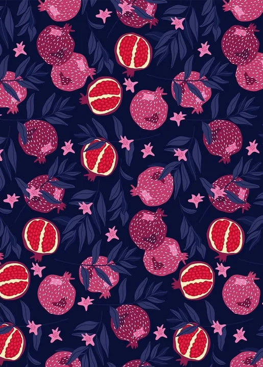 Botanical autumn postcard with pink pomegranates, flowers and dark leaves