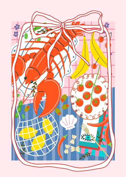 Postcard with Colorful illustrated food market scene with seafood, fruit and vegetables