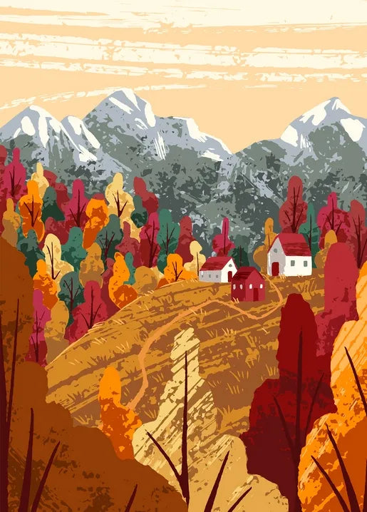 Autumn landscape postcard showing a mountain village, colorful forest and snow-capped peaks