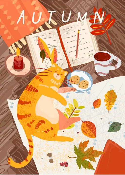 Autumn cat postcard with an orange cat, open journal, coffee, cookies and fall leaves
