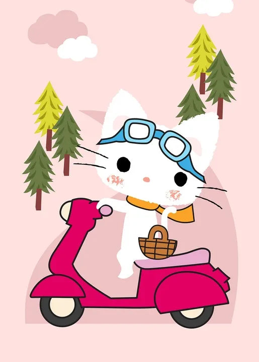 Cute cat scooter postcard with a white cat wearing goggles and riding a pink scooter