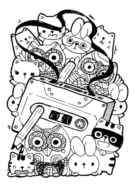 Cats and cassette music postcard with cute illustrated cats and a retro cassette tape