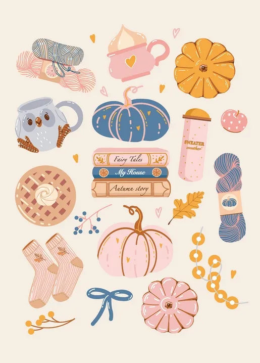 Autumn cozy postcard with pumpkins, yarn, socks, books, sweater weather cup and tea items